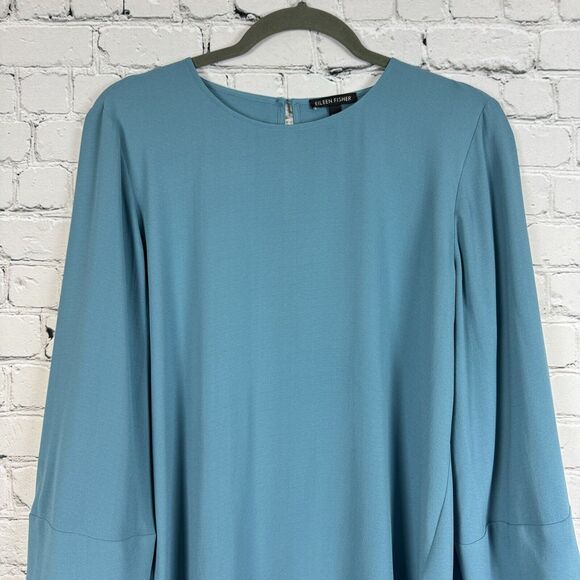 Eileen Fisher Womens Lantern Sleeve Georgette Silk Blouse Tunic Top Size SP Blue - Picture 3 of 12